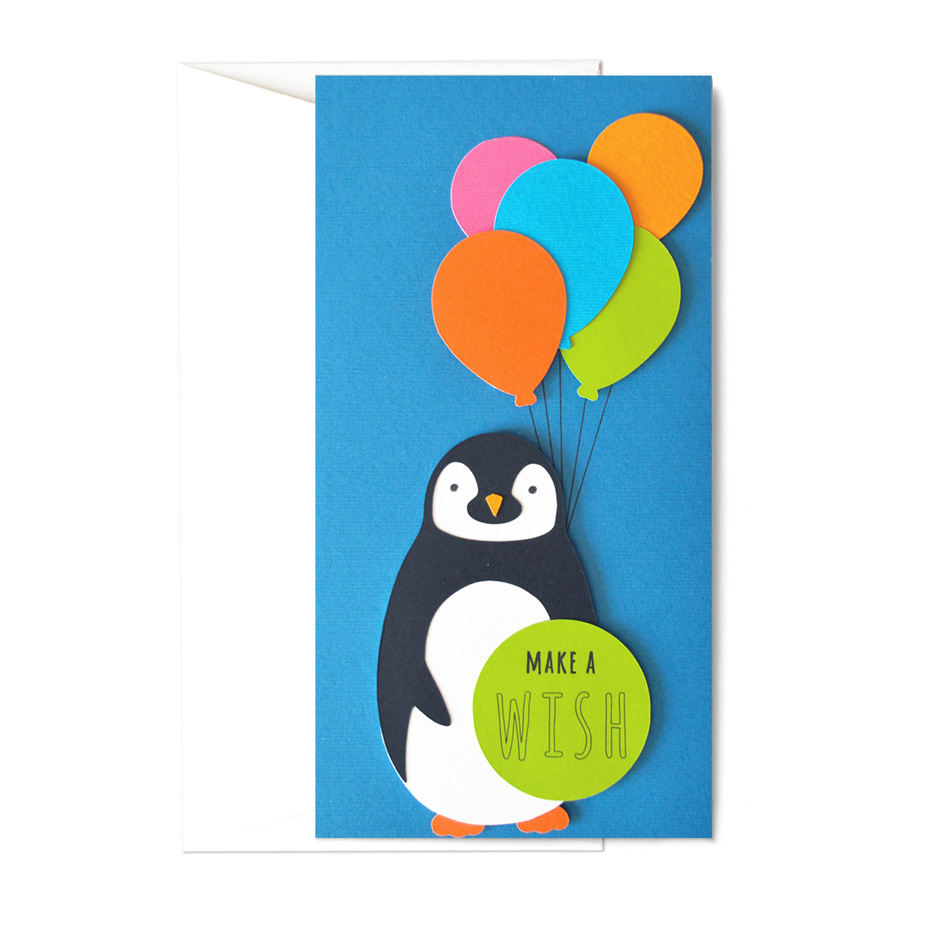 Biglietto - Make a wish pinguino con palloncini