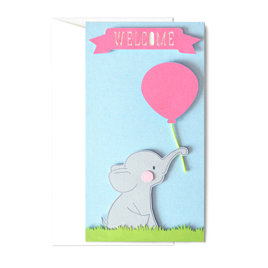 Biglietto - Welcome - tenero elefantino con palloncino rosa
